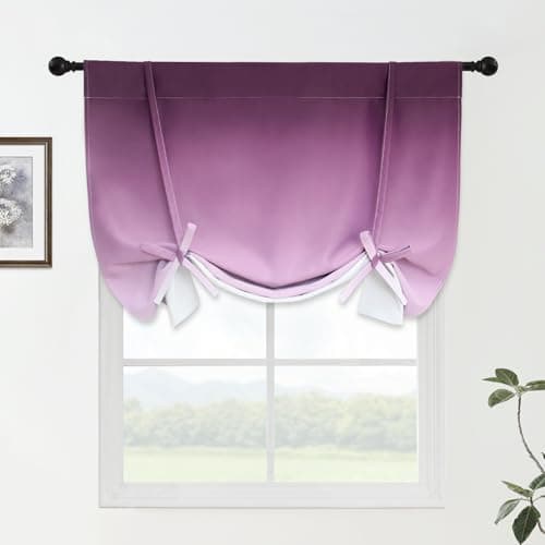 Yakamok Ombre Thermal Insulated Tie Up Curtains for Small Windows Gradient Purple to Grey White Blackout Room Darkening Shades for Bedroom Kitchen Rod Pocket Balloon Curtain W34 X L48 Inches, 1 Panel