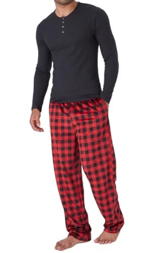 DOCKERS Men's Pajama Sets, Plaid PJ Pants for Men Lounge Set Long Sleeve Shirt Plaid Bottoms Black
