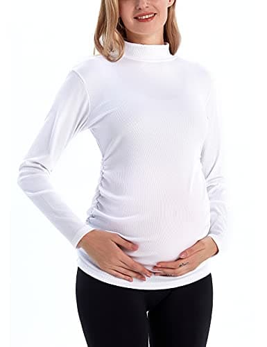 Bhome Long Sleeve Maternity Shirt Mock Neck Sweater for Pregnant Women White S