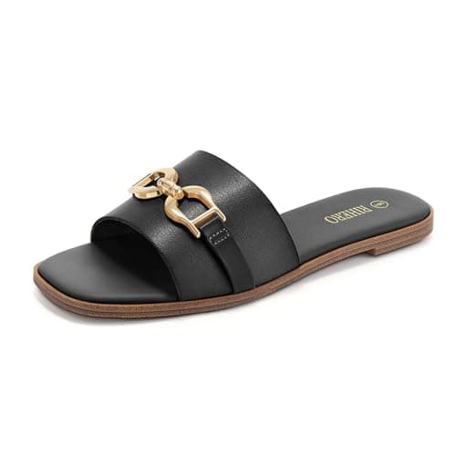 Rihero Black Flat Sandals for Women Summer Square Open Toe Slides Slip On Fashion Slide Sandals Wide Width Size 7.5