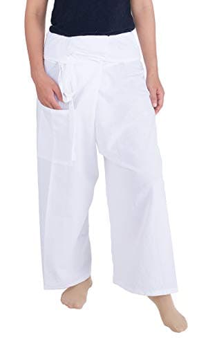 Lannaclothesdesign Women's Lounge Plain Cotton Pants Thai Fisherman Yoga Trousers (L, White)