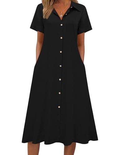 Zeagoo Summer Dresses for Women 2026 Linen Shift Dress Short Sleeve Midi Tshirt Dresses 2026 Casual Cotton Linen Loose Fitting Button Down V-Neck Beach Cover Ups Sundress Black S
