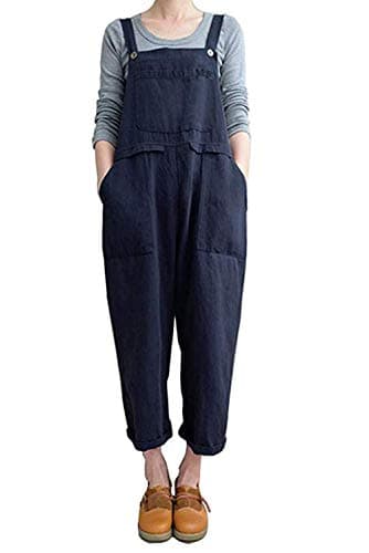 Lncropo Women's Linen Overalls Baggy Jumpsuit Loose Rompers,Blue,M