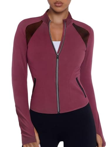 AARYA Women's Fitted Workout Jackets Zip Up Running Jacket Athletic Yoga Tops with Zippered Pockets Thumbholes Gym Wear Burgundy L