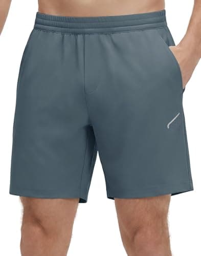M MAELREG Men's Workout Running Shorts with Zipper Pockets 7 inch Quick Dry Workout Gym Athletic Shorts for Men Grey Blue