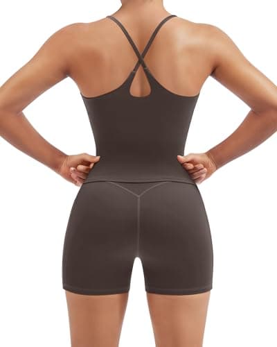 SUUKSESS Women 2 Piece Workout Sets Padded Gym Yoga Tank Top High Waisted Biker Shorts with Pockets Compression Gym Sets(Brown, M)