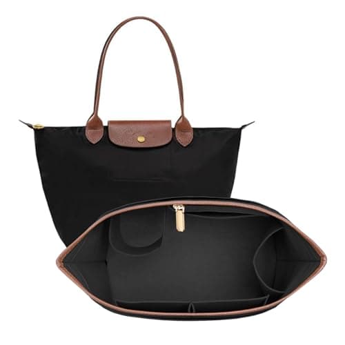 DOIAPUOS Felt Purse Organizer Insert for Longchamp Le Pliage M Bag, Handbag Leather edge Longchamp Organizer Insert with Cup Holder Tote Organize(Black, Medium)