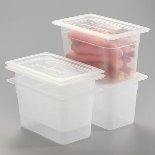 CURTA 4-Pack 1/4 Size 6" Deep Food Pan with Handled Lid – NSF Listed Commercial-Grade Translucent Polypropylene, Stackable Freezer-Safe Storage for Restaurants, Catering & Buffets