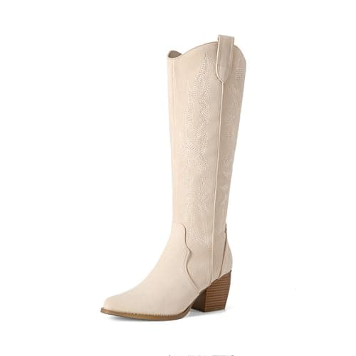 DREAM PAIRS Womens Cowboy Boots Wide Calf Comfortable Pull On Zipper Chunky Heel Pointed Toe Embroidered Western Cowgirl Knee High Boots Ladies Retro Tall Boot,Size 5,Beige,SDKB224W