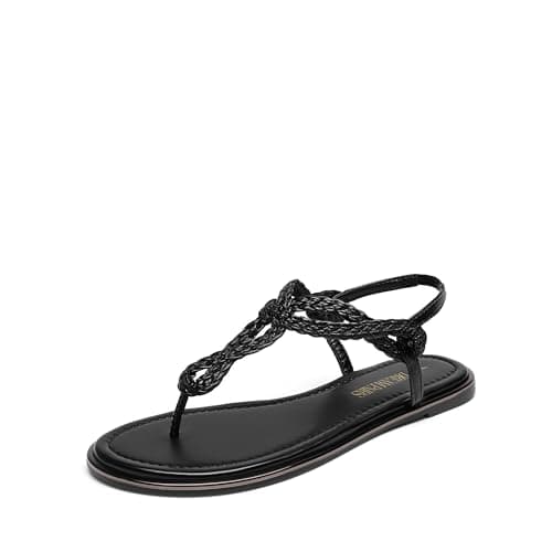 DREAM PAIRS Women's Flat Sandals Dressy Summer Stappy Comfortable Ankle Elastic T-Strap Beach Thong Sandals,Size 7,All Black,SDFS2406W