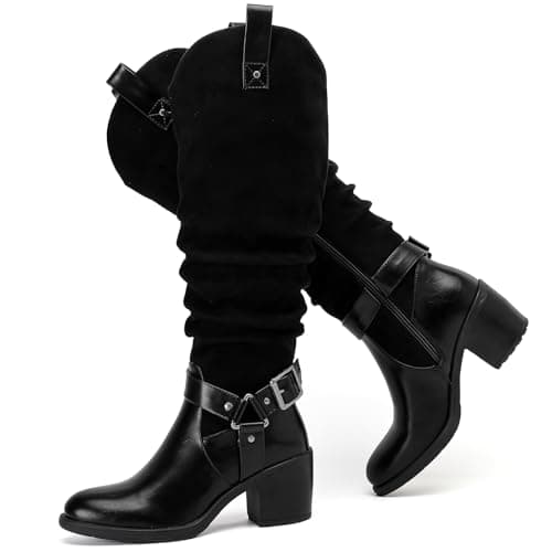 Ruiee Knee High Boots for Women, Chunky Block Heel Casual Slouchy Boot Comfortable Round Toe Fall Winter Fashion Long Boots for Women. 241266 Black MF Size7