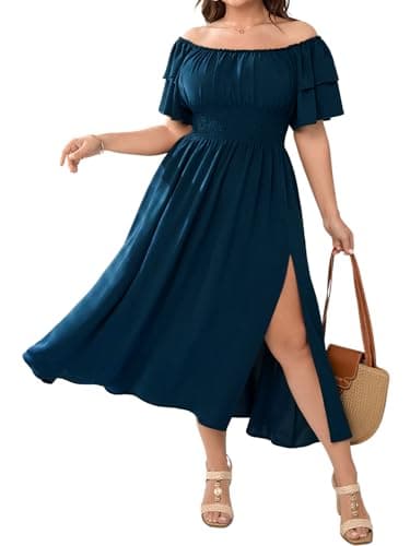 CICIDUDU Plus Size Maxi Dress Off The Shoulder Ruffle Smocked Wedding Guest Cocktail Slit Hem Flowy Dresses for Curvy Women Lake Blue