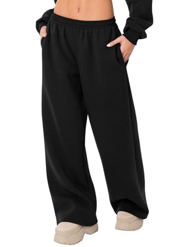 LOMON Wide Leg Sweatpants Women Fleece Sweat Pants Fall Spring Clothes 2026 Teen Girl Baggy Jogger Sweatpant with Pockets (Black, L)