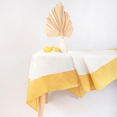 MONDAY MOOSE Farmhouse Rustic Picnic Style Decoration Rectangle Natural Stonewashed Cotton Tablecloth for Kitchen, Dining Room, Restaurant (55x70 inch, White/Mustard)