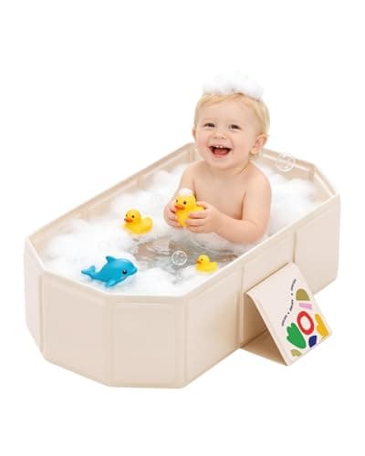 IcyByte Foldable Kids Bathtub, Portable Baby Bathtub for Newborns to Toddlers, Collapsible Toddler Bath Tub for Shower & Travel, Infant Bath Tub with Non-Slip Base, Space Saving, White
