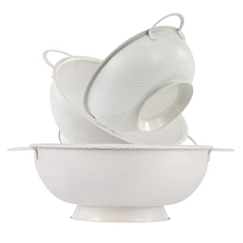 Stainless Steel Colander 3 Piece,Metal Strainer Basket with Solid Base and Handles for Kitchen Food,Pasta, Noodles, Vegetables and Fruits,Powder Coated,BPA Free,Dishwasher Safe,2 & 3 & 4.5 Qt (Cream)
