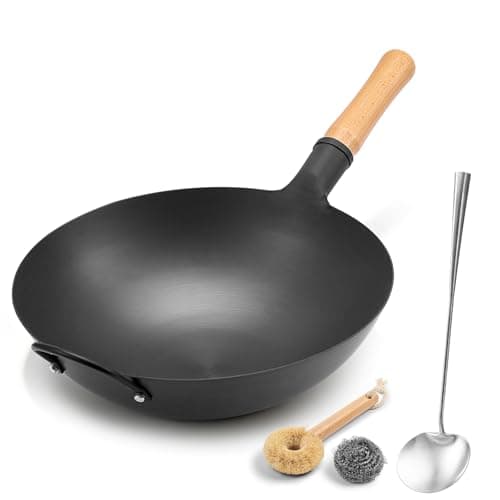 WANGYUANJI 13.4 Inch Round Bottom Carbon Steel Wok, Nitrided Iron Chinese Stir Fry Pan for Gas Wok Burner, Wok Ring Needed for Flat Gas Grates, Wooden Handle