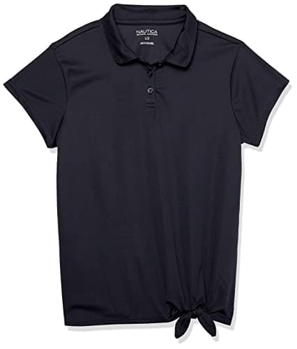 Nautica Girls' School Uniform Short Sleeve Performance Polo, Navy/Tie Front, 6