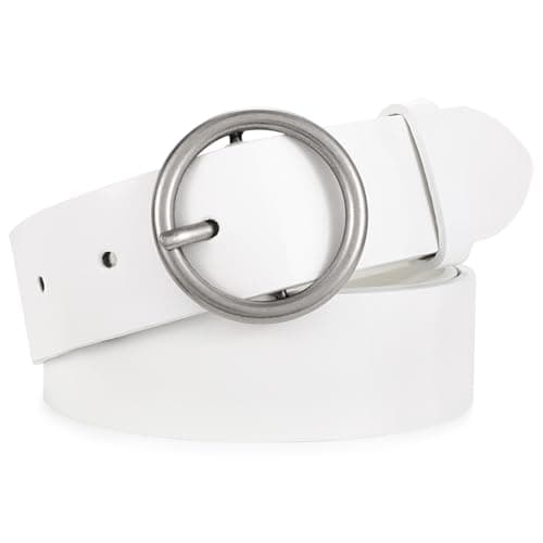 XZQTIVE Women Leather Belt with Circle Gold Buckle Fashion Ladies Waist Belt for Jeans Pants Dresses,White