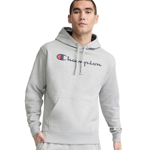 Champion Men's Pullover Graphic Fleece Hoodie, Standard Fit, Midweight Fleece, Classic Script Logo, Available in Regular and Big & Tall, Platinum Silver Heather, Small
