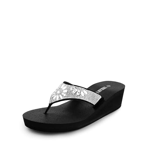 DREAM PAIRS Women's Rhinestone Platform Wedge Flip Flops Summer Beach Comfortable Thong Sandals,Size 9,Flower,SDFF2401W