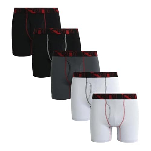 AND1 Mens Boxer Briefs - 5 Pack Stretch Performance 6" Inseam Breathable Mens Underwear with Functional Fly Pouch, Size Large, Black/Light Grey/Dark Grey