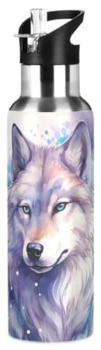 Wolf Watercolor Water Bottle Kids Boys Girls Insulated Stainless Steel Hot Cold Water Flask with Straw Lid for Sports Gym Running 20 oz