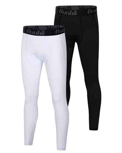 Runhit 2 Pack Boys Compression Leggings,Athletic Tights Basketball Compression Pants,Youth Boys Base Layer Pants Sports Legging Black+White L