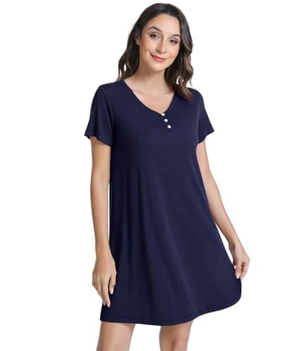 NACHILA Women's Nightgowns-Viscose Made from Bamboo, Soft Sleepwear V Neck Sleepshirt Short Sleeve Loungewear Cool Sleepdress Navy Blue X-Large