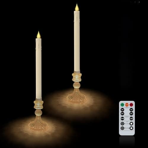 MISSTIME Flameless Taper Candles with Illuminated Glass Candle Holder, Remote Timer 2AA Battery Operated 500+ Hours for Thanksgiving/Xmas Decor, Wedding Centerpiece, Ivory, 2 Pack