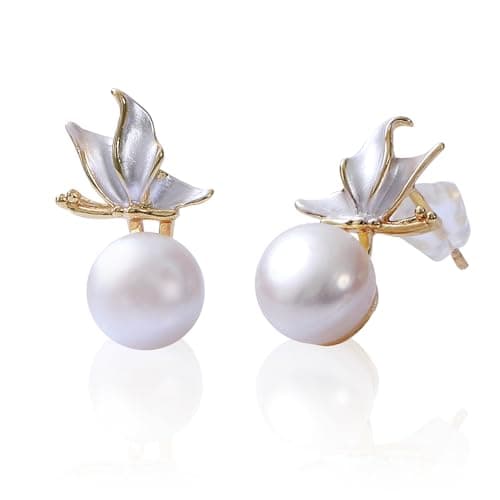 Freshwater Cultured Pearl Earrings,AAA+Quality Handpicked Earrings Stud for Women, Hypoallergenic Earrings，Butterfly Design