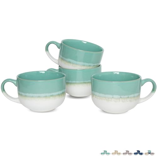 Bosmarlin Ceramic Coffee Mug Set of 4, 16 Oz, Jumbo Latte Mugs, Dishwasher and Microwave, Unique Reactive Glaze (Mint Green, 16 Oz)