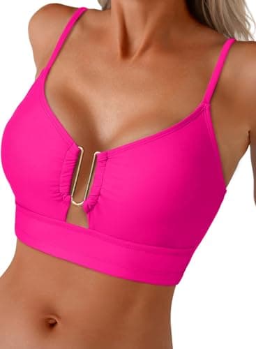 Herseas Women's Push Up V Neck Bikini Tops Criss Cross Back Padded Bra Classic Solid 2026 Summer Beach Fashion Bathing Suit Top Only Rose Red X-Small
