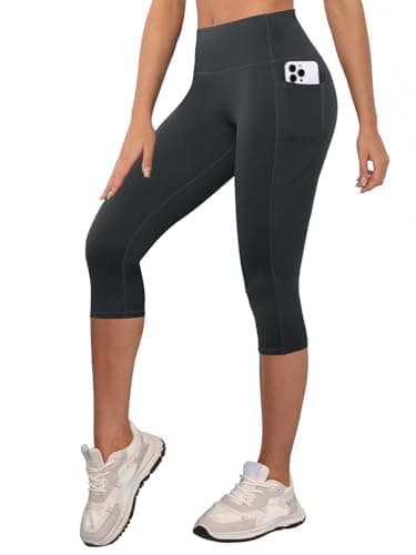 COPYLEAF Capri Leggings for Women High Waisted Leggings with Pockets Gym Workout Running Yoga Pants(Dark Grey XXL)