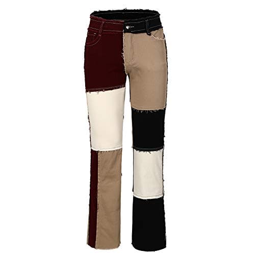 THUNDER STAR Womens Patchwork Straight Leg Jeans Mid Rise Stretch Frayed Denim Pants Black Brown US 0