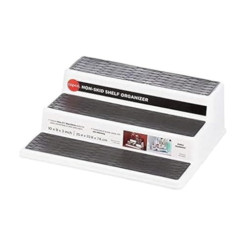 Copco Non-Skid 3-Tier Spice Rack Organizer for Cabinet - 10 Inch Kitchen Pantry Organizer with Raised Rims, White and Gray Step Shelf for Spices, Cans, Jars - Easy Clean Storage Solution