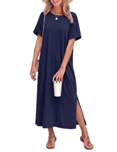 Ekouaer Long Gowns for Women Sleepwear Casual Lounge Dresses Cotton Short Sleeve Night Gown Navy Blue