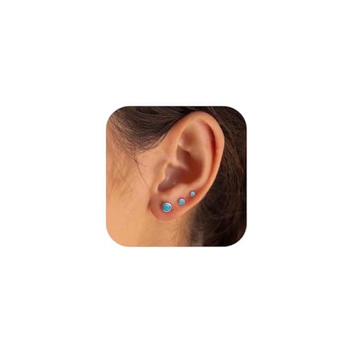 NOKMIT 3 Pairs Mini Hoop Earrings Set for Women Turquoise Huggie Hoop Cute Small Sterling Silver Cartilage Earring Ear Cuff for Multiple Piercing (Turquoise, D)