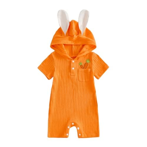 ZyHwShine My First Easter Baby Boy Outfit Baby Easter Bunny Romper Long Ear Rabbit Hoodie Romper Jumpsuit Cute Summer Clothes (Orange, 0-3 Months)