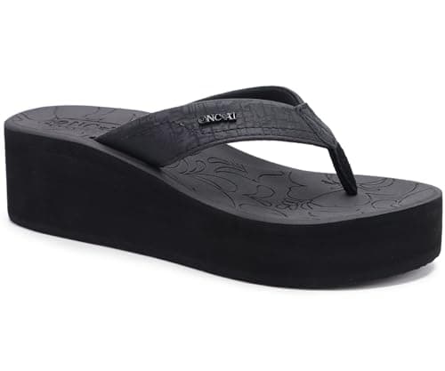 ONCAI Women's Platform Wedge Flip Flops Sandals Size 8.5 Trendy Dressy Summer Beach Vacation Pool Black Thong Chunky Thick Heel Sandalias Comfy CuteWaterproof Arch Support Rubber Foam Soles