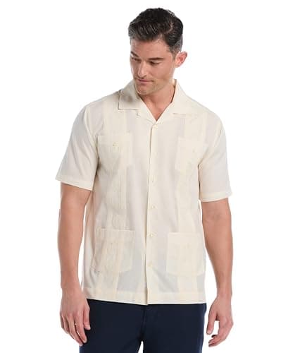 Cubavera Men's Four-Pocket Mini Pintuck Embroidered Authentic Guayabera Shirt, Short Sleeve Button Down, Lightweight Comfortable Fit, Egret, X-Large