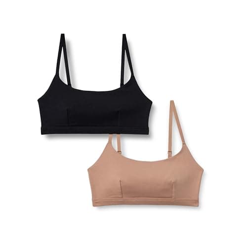 Amazon Essentials Women's Cotton Jersey Scoop Bralette, Pack of 2, Black / Washed Bronze, Large