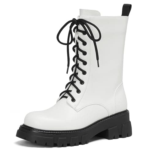 ElegaStep Women Combat Boots Chunky Mid Calf Boots Lug Sole Ankle Booties Lace Up Side Zipper Casual White US 7