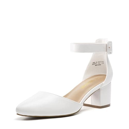 DREAM PAIRS ANNEE Pointed Toe Low Chunky Heels Pump Shoes,Size 5,White/Pu,ANNEE