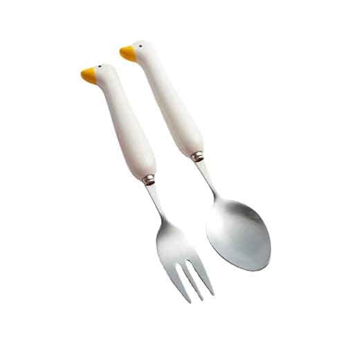 Duck Spoon Fork Cutlery Set Cute Cat Claw Portable Travel Stainless Steel Dessert Cake Fruit Ceramic Spoon Coffee Teaspoons Kitchen Accessories Tableware (Duck-Yellow)
