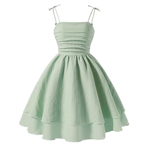 Ohrwurm Dresses for Teens Girl's Summer Smocked Ruched A Line Layered Ruffle Flowy Tie Bow Cute Cami Dress Green 11-12Y
