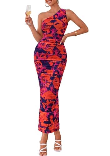 PRETTYGARDEN One Shoulder Maxi Dress Ruched Printed Purple Orange,L