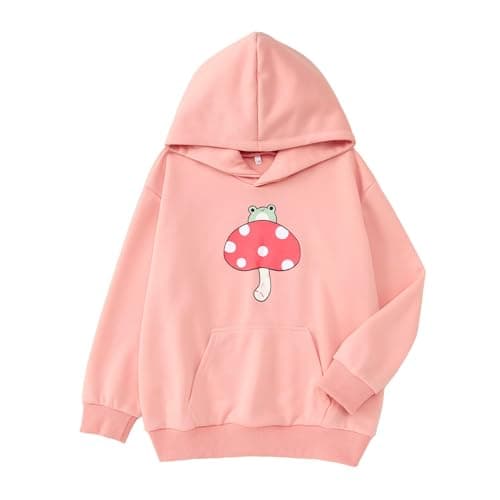 GLIGLITTR Kids Girls Cute Mushroom Hoodie Frog Sweatshirt Kawaii Long Sleeve Oversized Pullover Tops Aesthetic Clothes 7-13Y(Pink,11-12Y)
