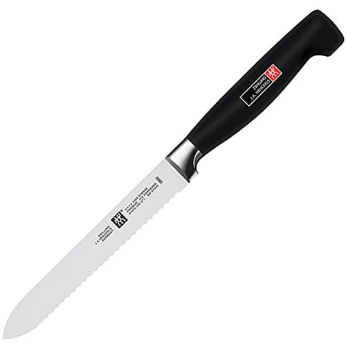 ZWILLING Four Star 5-inch Razor-Sharp German Serrated Utility Knife, Made in Company-Owned German Factory with Special Formula Steel perfected for almost 300 Years, Dishwasher Safe