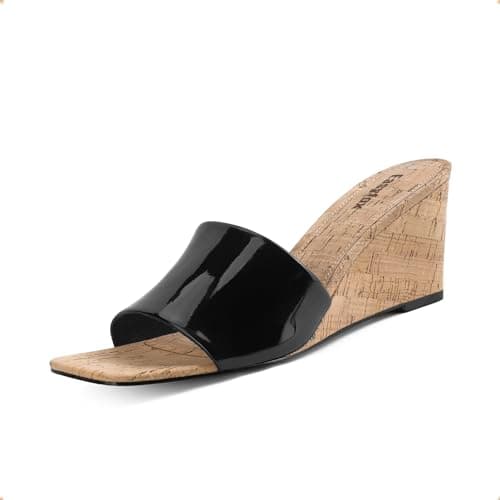 Easyfox Black Wedge Sandals for Women Open Toe Slip on Wedge Heels Square Toe Heeled Sandals Summer Dress Sandals Size 9.5